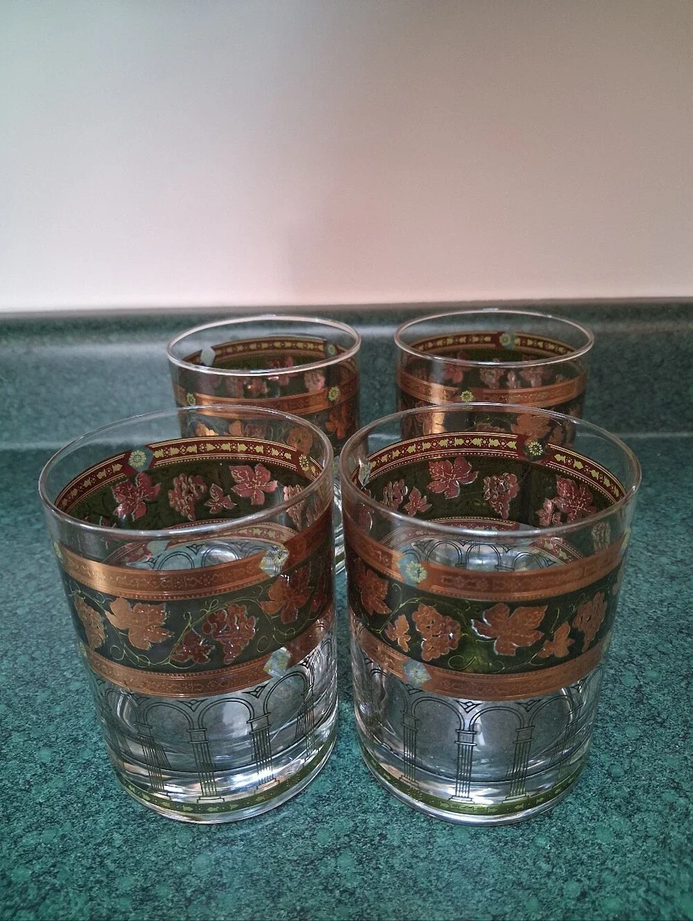 Set of 4 Vintage Floral Gold Band Lowball Glasses Cera Green Gold Grapes
